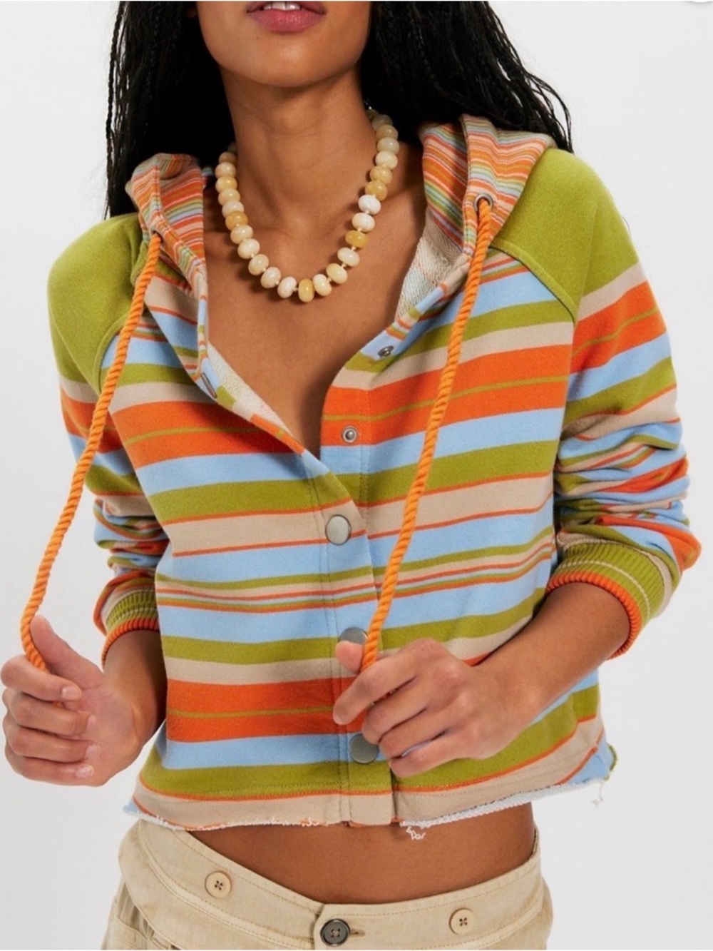 We The Free Bailey Striped Cardigan Hoodie in Green, Orange & Blue NWT $168